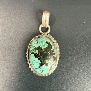 Sterling Silver Turquoise Oval Cabochon Pendant Rope Design Bezel